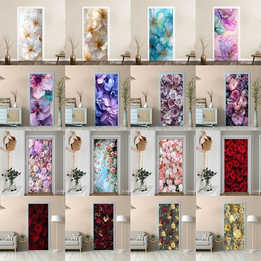 

Rose Floral Door Sticker, Self-Adhesive & Peel and Stick, Removable Watercolor Flower Art Mural for Bedroom & Home Decor