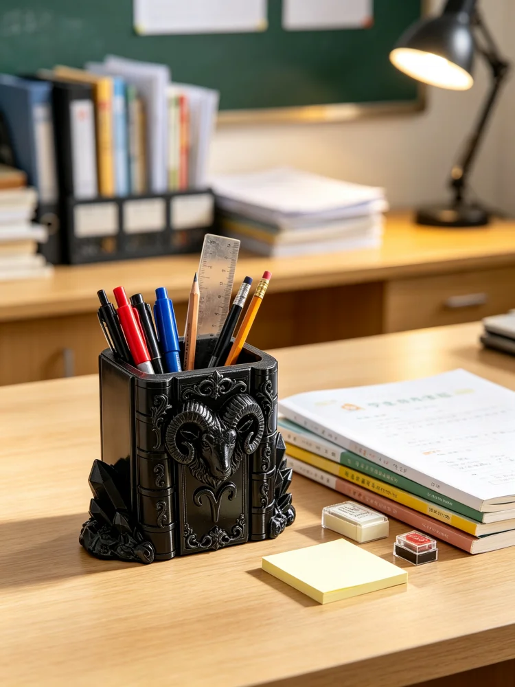 Aries Zodiac Sign Ram Head Pen Holder, Vintage Book-Shaped Gothic Style Pen Cup, Goat Skull Desktop Ornament with Mysterious Crystal Carving Patterns, Made of Sturdy Matte Black Petg Material, Large Capacity Multifunctional Desktop Organizer, Stable Base for Storing Pens, Pencils, Markers, Stamps, Suitable for Study Rooms, Offices, and Student Desks, Gothic Style Desktop Decoration, Decorative Pen Holder, Creative Desktop Accessory Gift for Office Workers