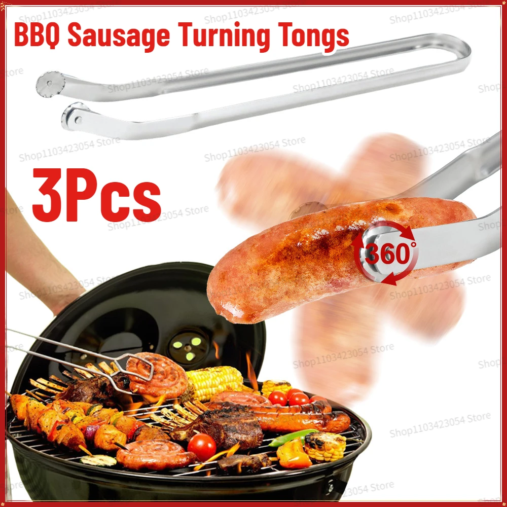 BBQ Sausage Turning Tongs Kitchen Hot Dogs Cooking Clip Stainless Steel Barbecue Long Handle Tongs for Flipping Bacon Steak Meat