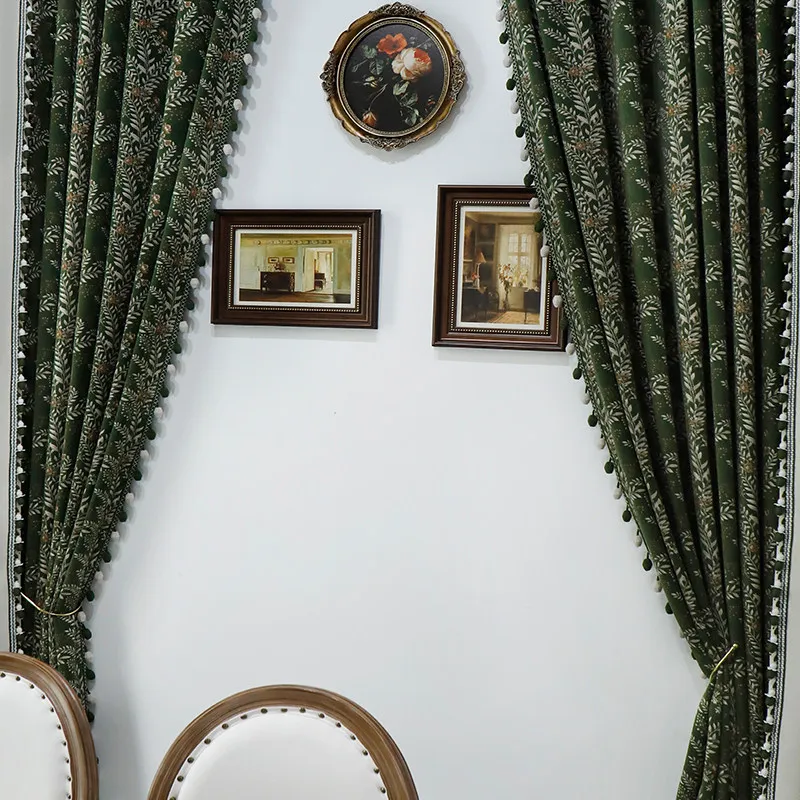 Green Plant Printing Thickened Chenille Shading Curtains for Living Room French Window Balcony Customized Finished Partition