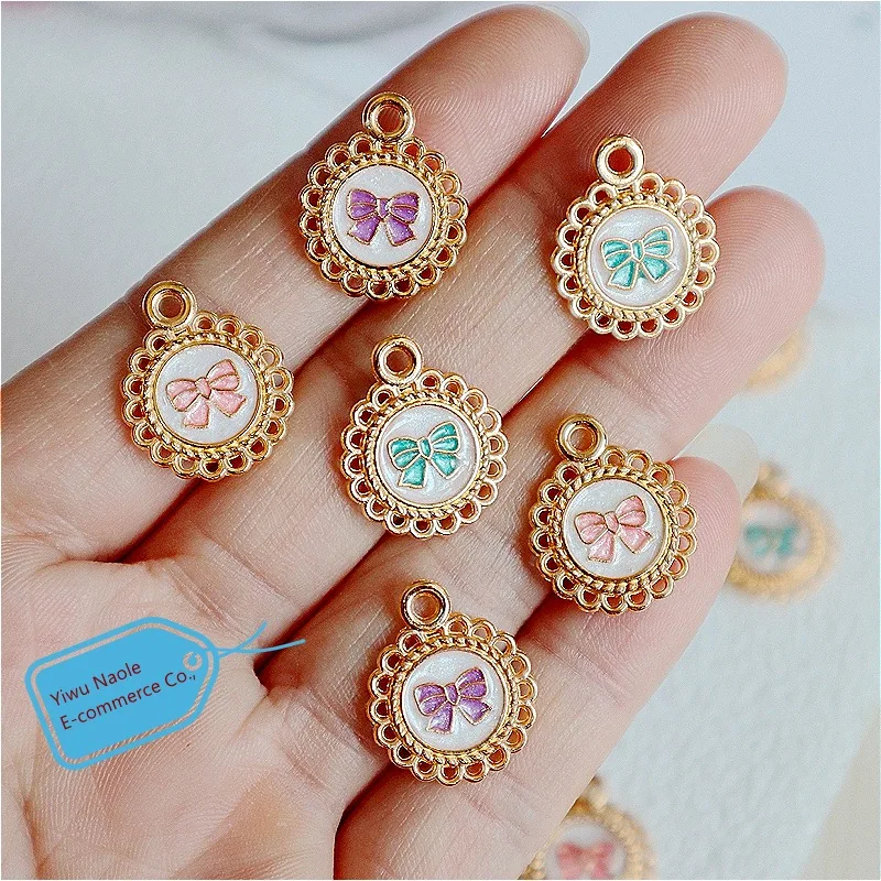 10pcs Lace Bow Round Alloy Metal Pendant Fashionable Charms DIY Necklace Bracelet Earrings Keychain Accessory Jewelry Component