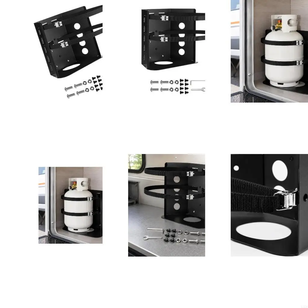 Propane Cylinder Support Bracket for Vehicle Installation with Carbon Steel Frame, Adjustable Strap, and Mounting Holes X37F