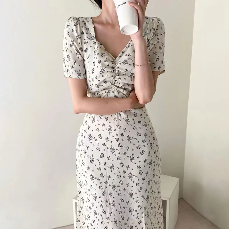 Chic Spring Summer Floral Print Bal Hollow out ort Sve Square Ne Dstring Waist Skirt for Women Commute Sle H...