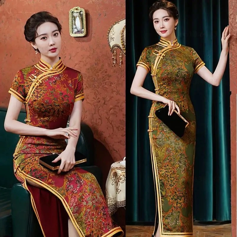 

Printed long cheongsam, Chinese banquet dress, large size 3XL-4XL