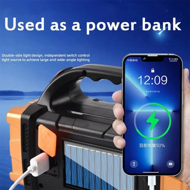 Przenośne, mocne światło słoneczne ładowalna latarka USB LED z lampą kempingową oświetlenie robocze COB 4 ładowaniem biegów na telefon komórkowy