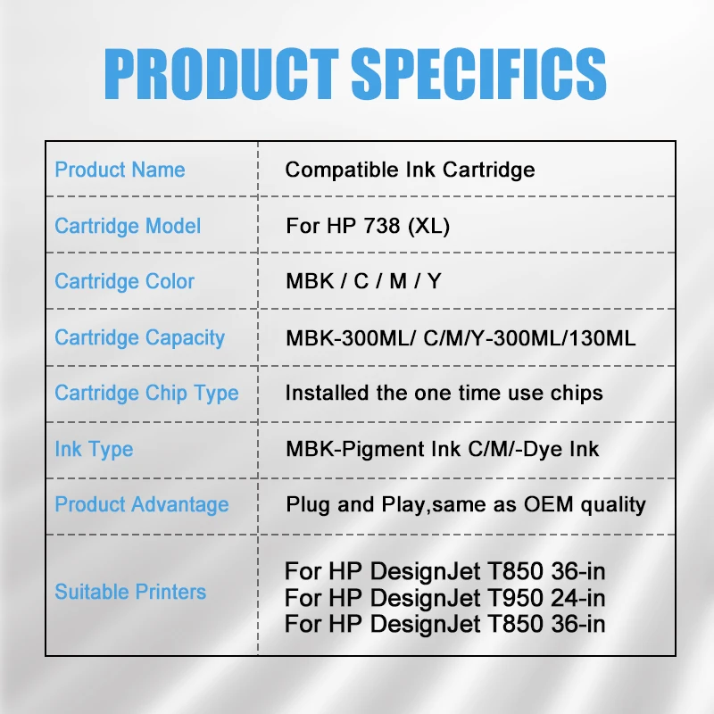HW.FOREVER kompatybilny wkład atramentowy HP 738, 300 ml do drukarki HP DesignJet T850 T950, w pełni pigmentowy atrament ze stabilnym chipem