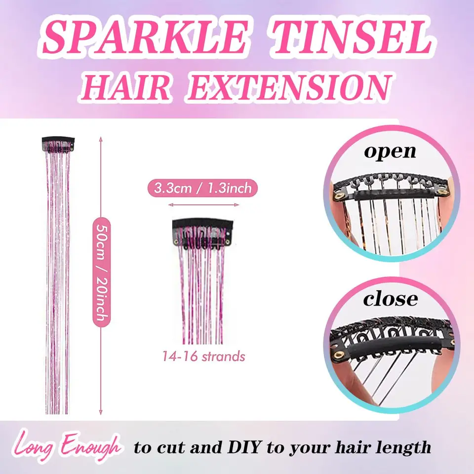 Extensiones de cabello sintético de 20 pulgadas con clips y brillantina, 6 piezas por set, resistentes al calor, para mujeres y niñas 3