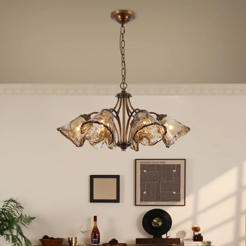 

Медная люстра для гостиной, спальни, столовой, кухни, виллы, роскошный ретро-стиль, художественная лампа из дымчатого стекла, коричневый подвесной светильник