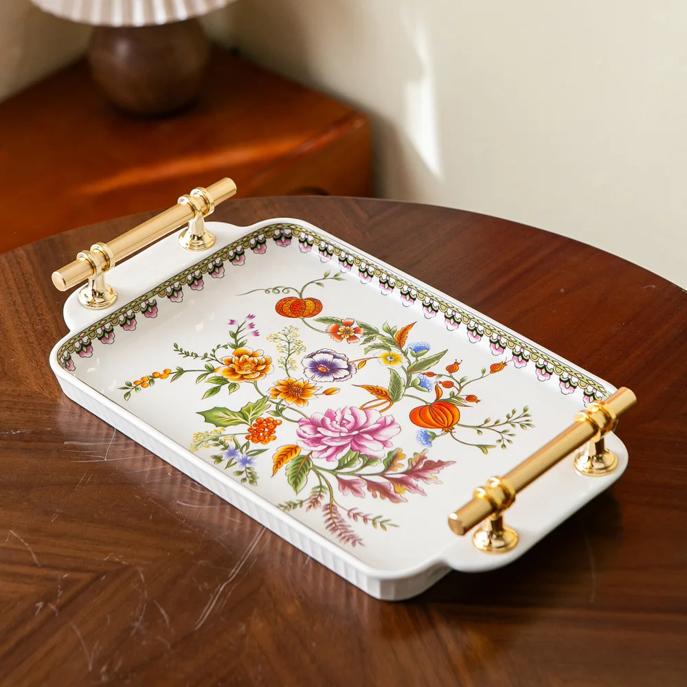 

Новый креативный керамический поднос, прямоугольный домашний винтажный поднос из сплава с ручкой, чайный поднос, настольный поднос для хранения фруктов, украшение