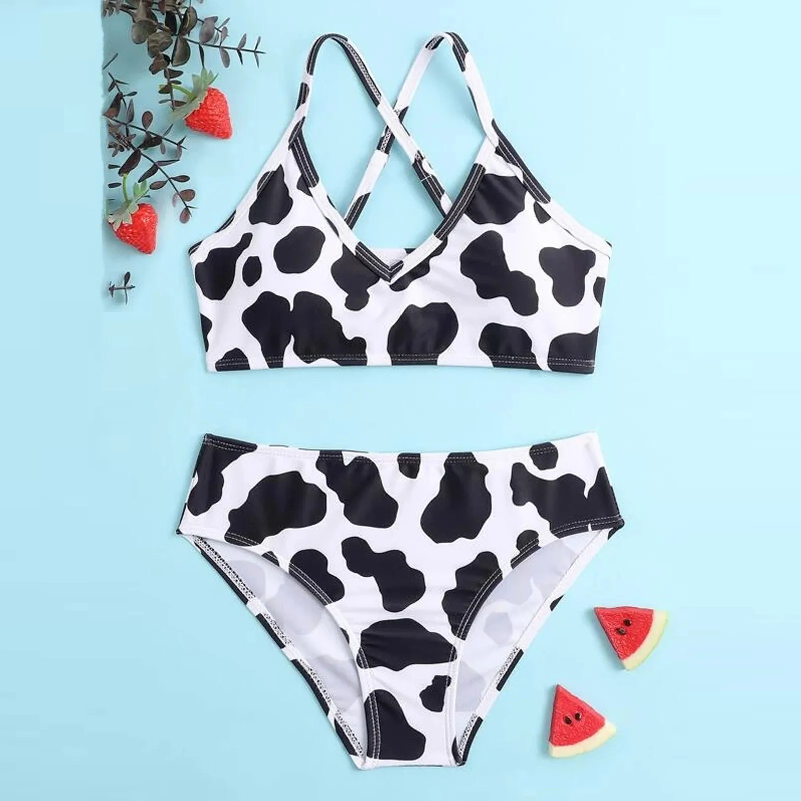 Cow Floral Print Swimwear Cut Out Swimsuit For Teenager Kids Girls Summer Three-piece Bikini Sets Swimming Bathing 8-14 Years