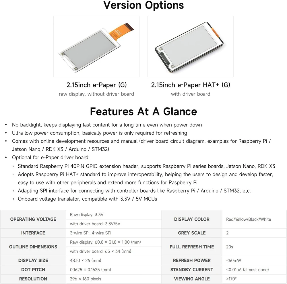 Waveshare Layar E-paper 2.15 Inci (G) SPI 296X160 Layar E-ink Merah/Kuning/Hitam/Putih UNTUK Arduino/ESP32/Raspberry Pi 5 4 3B