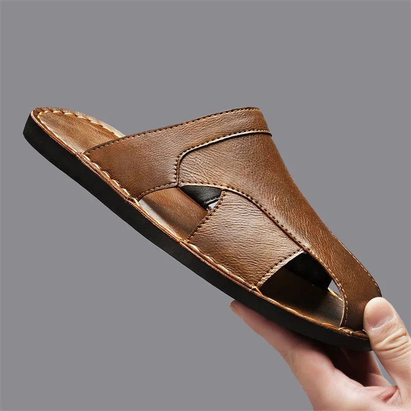 Originality Design Leather Slippers Cowhide Open-toe Sandal Man Flat Slides Beach Summer Shoes High Quality Big Size 38-47 Male