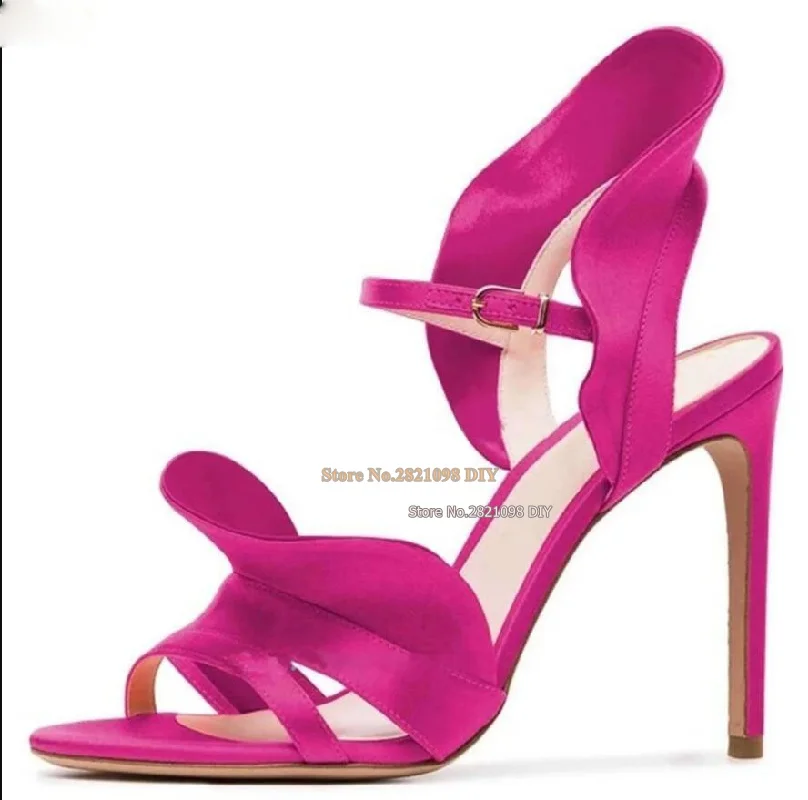 

Women Lotus Leaf Leather High Heeled Sandals Stiletto Heel Round Toe Ankle Wrap Flower Decor Open Toe Summer Dress Shoes