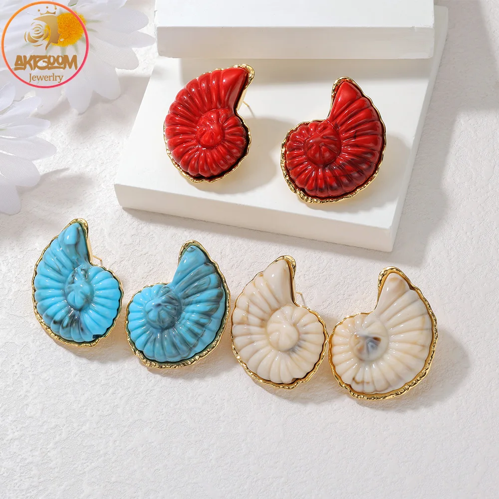 Akizoom أقراط محارة ملونة مبالغ فيها مطلية بالذهب أقراط بيان للنساء الصيف الشاطئ مجوهرات الأزياء هدايا الحفلات