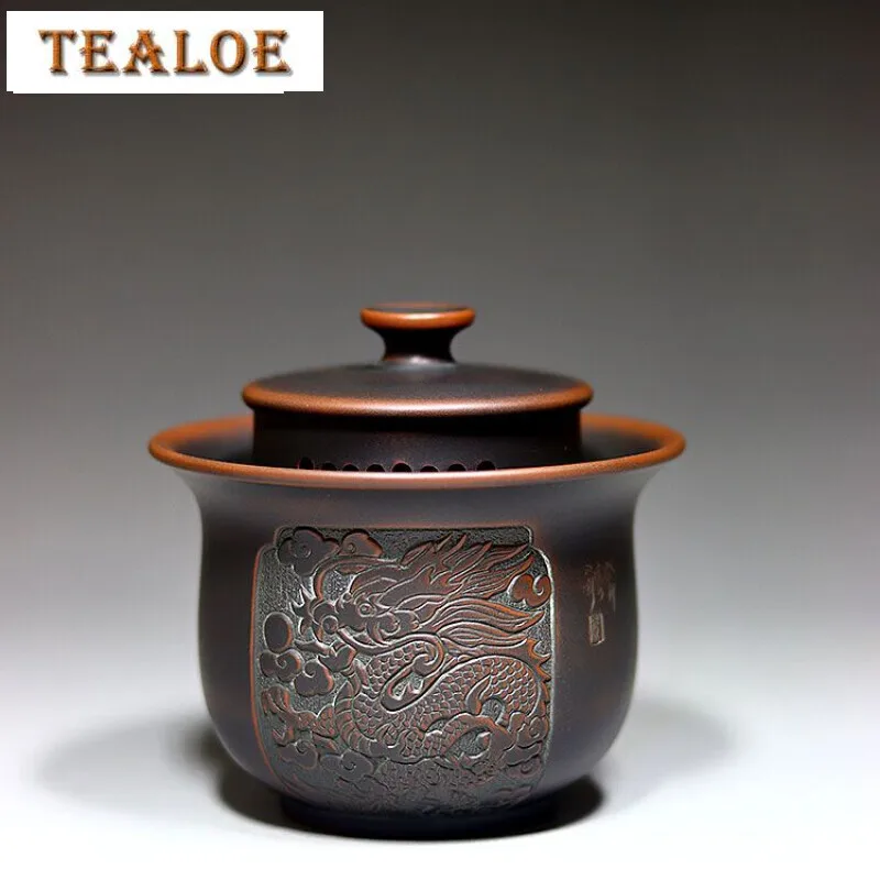 

200ml Handmade Qinzhou Nixing Pottery Tea Tureen Dragon and Phoenix Hand Grab Pot High End Tea Lid Set Gaiwan Teaset Collection