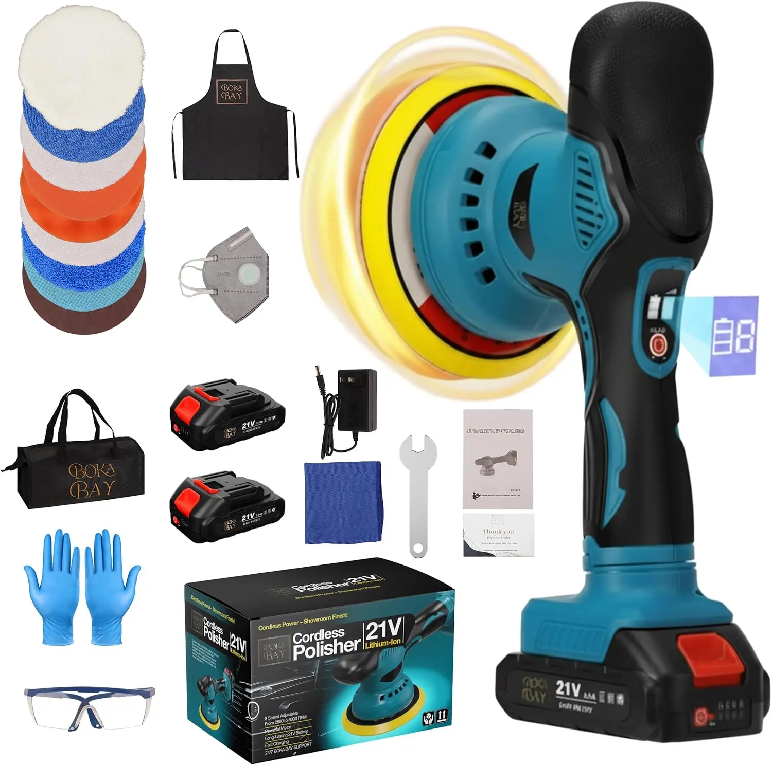 

6-Inch Cordless Car Buffer Polisher Kit with 21V Batteries, 9 Attachments, Variable Speed for Detailing