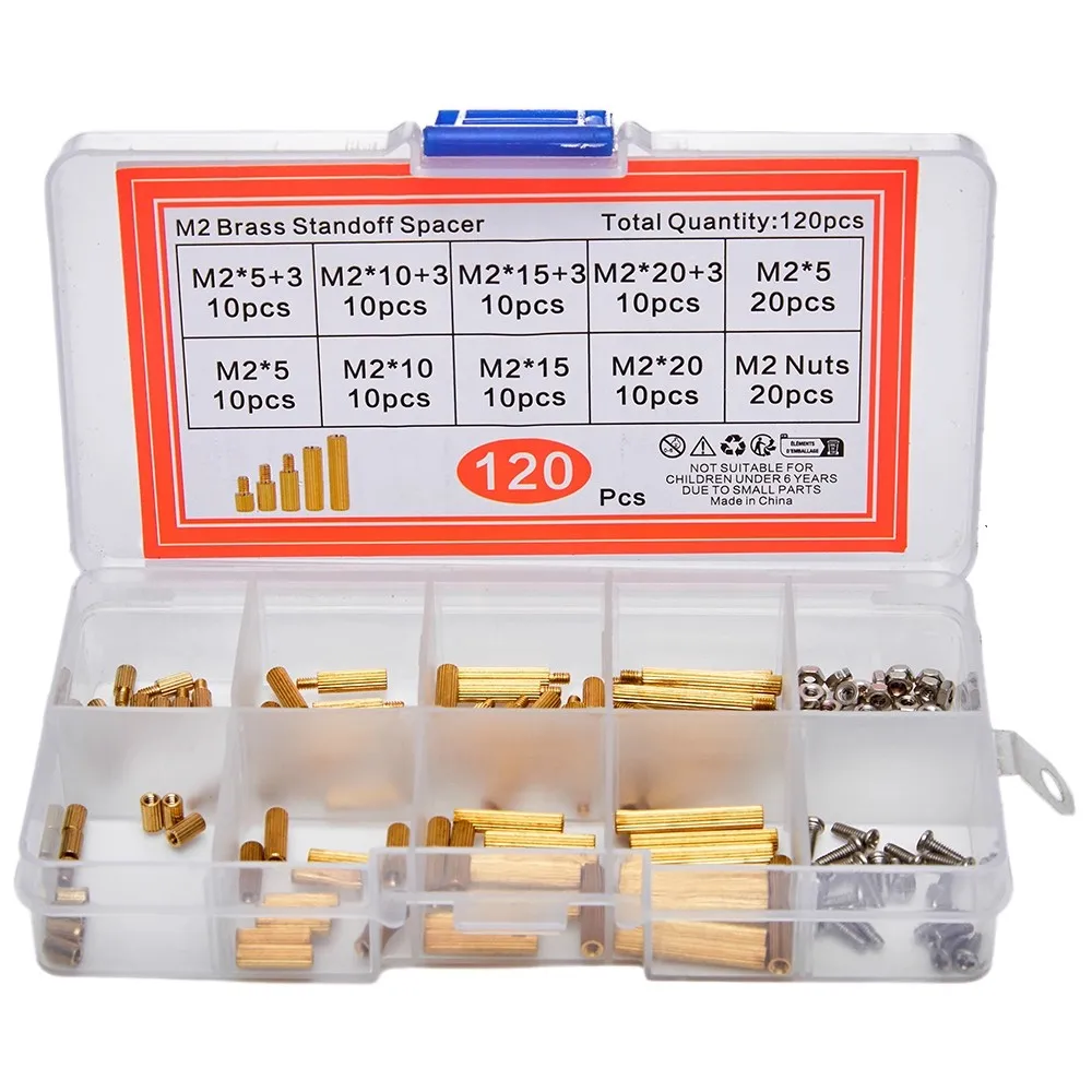 120PCS M2 Threaded Screws, Nuts, Brass Hexagon Socket Copper Standoffs, Spacers