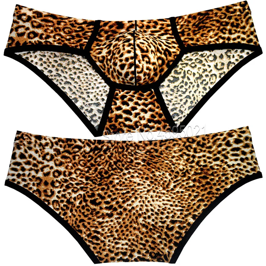 

Men's Bikini Briefs Leopard Print Bulge Pouch Posing Underwear Male Thongs Breathable Softy Trunks Cheeky Low Rise Underpants