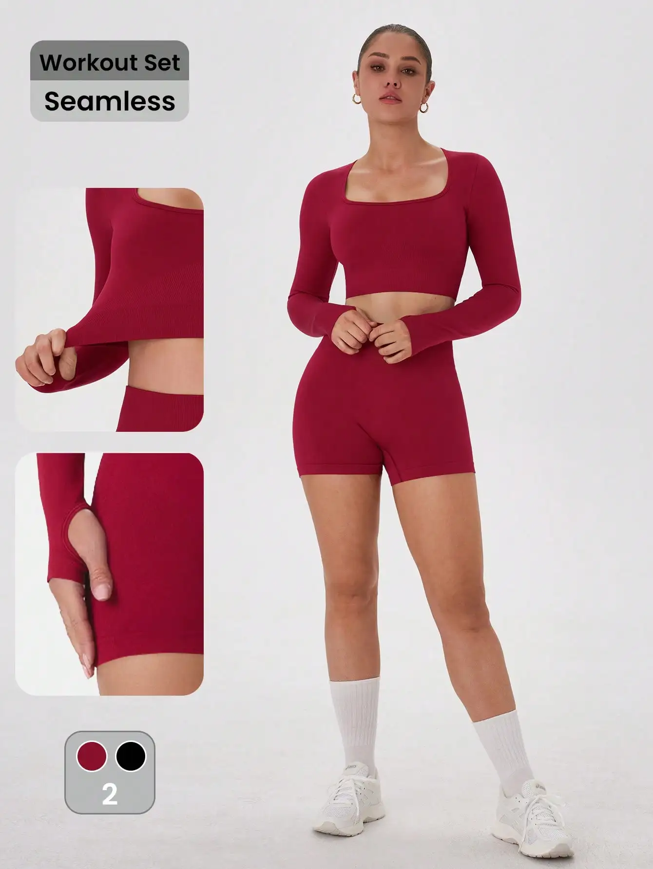 Ensemble de yoga sans couture ajusté pour femmes, haut court à manches longues, short taille haute pour l'entraînement