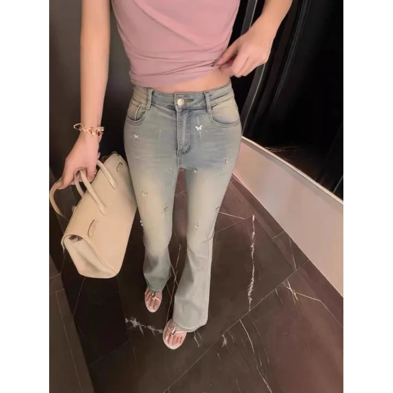 

European Style Light Luxury Heavy Embellished Diamond 2025Autumn Winter High Waist Flared Jeans for Women Fit Elastic Long Pants
