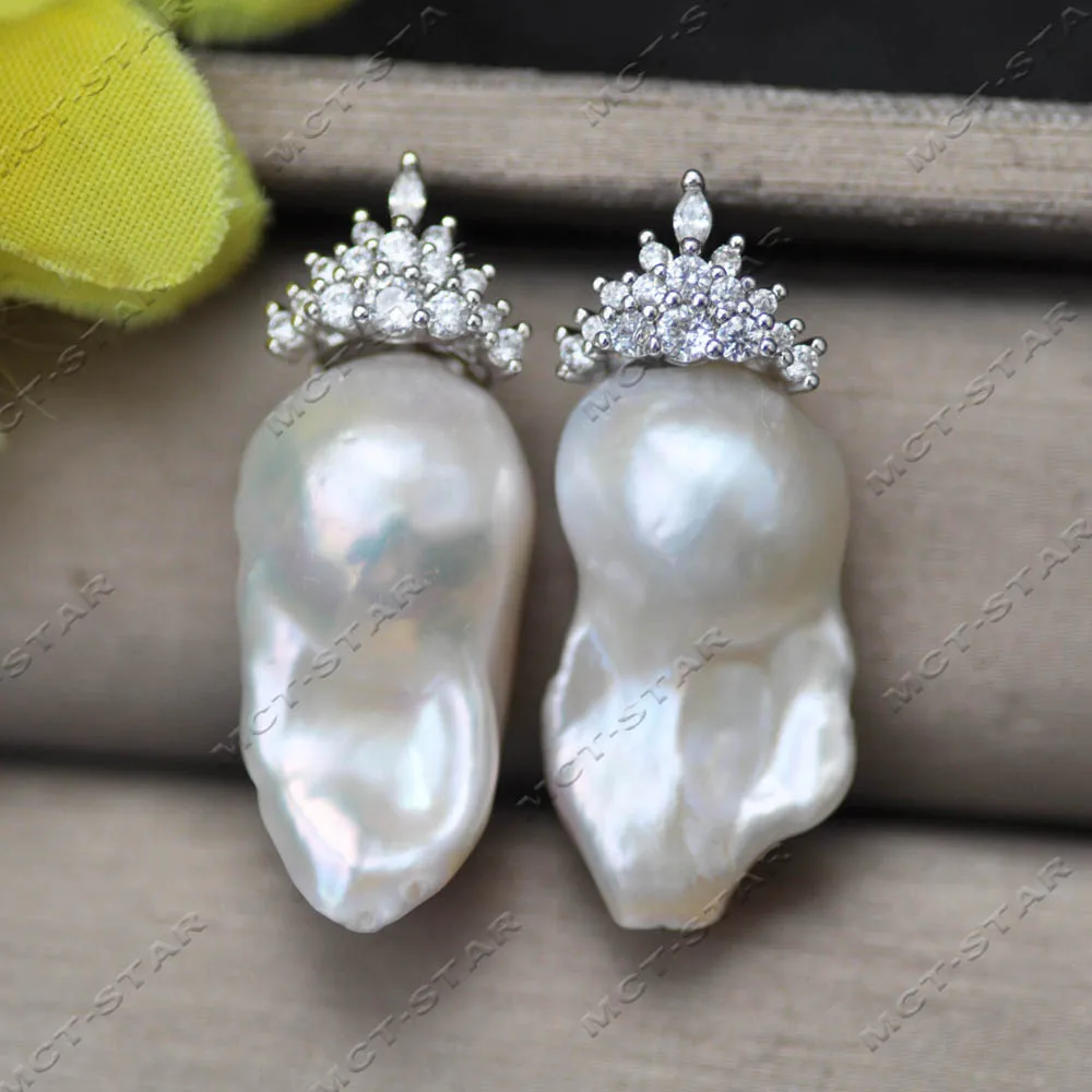 Z14281 24mm Crown All CZ White Baroque Reborn Keshi Pearl Dangle Earring