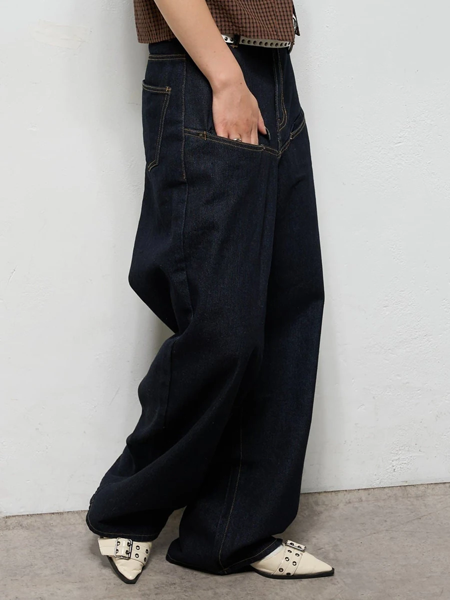 REDDACHiC Jeans de barril azul marino para mujer Unisex calle Retro suelto sólido Casual pierna ancha pantalones vaqueros de cintura baja uso diario