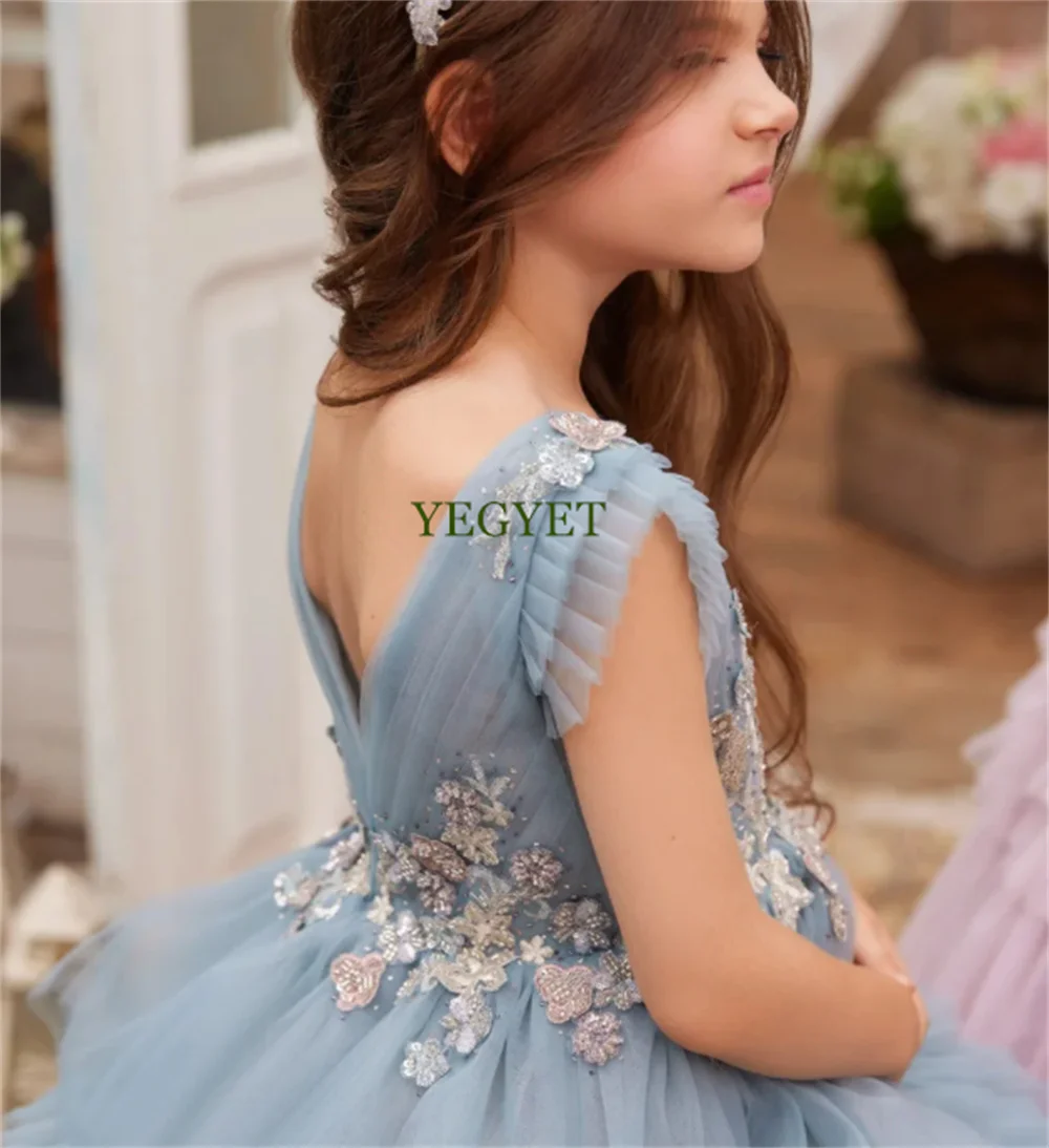 Princess Prom Party Dress with Long Train Flower Girl Dress Ball Gown First Communion Dresses 3D Lace Girls Dresses