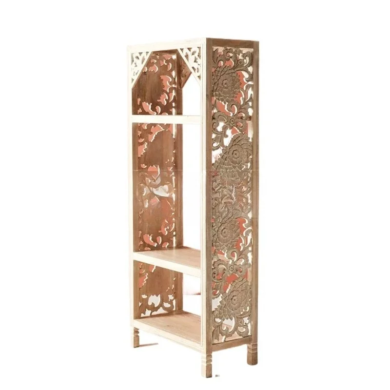 

French retro solid wood bookshelf American carved storage bookcase shelf display cabinet