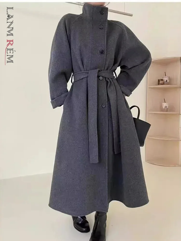 LANMREM Korean Style Stand Up Collar Double-sided Wool Coat For Women Single Breasted Long Overcoats  Autumn Winter New 2DA8150