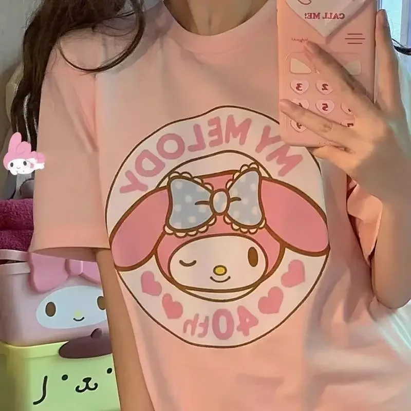 

Summer Melody Print Kawaii Cute Girl Pink Short Sleeve T-shirt Loose Preppy Style Oversize Soft Girl Versatile Aesthetic Clothes