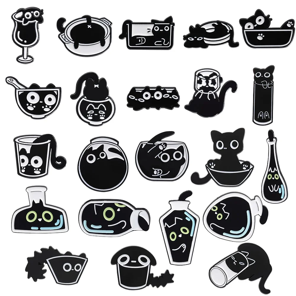 22 Types Cartoon Black Cat in Glass Bottle Enamel Pins Cute Big Eye Cup Jar Kitten Brooches Pot Pet Animal Lapel Badges Jewelry