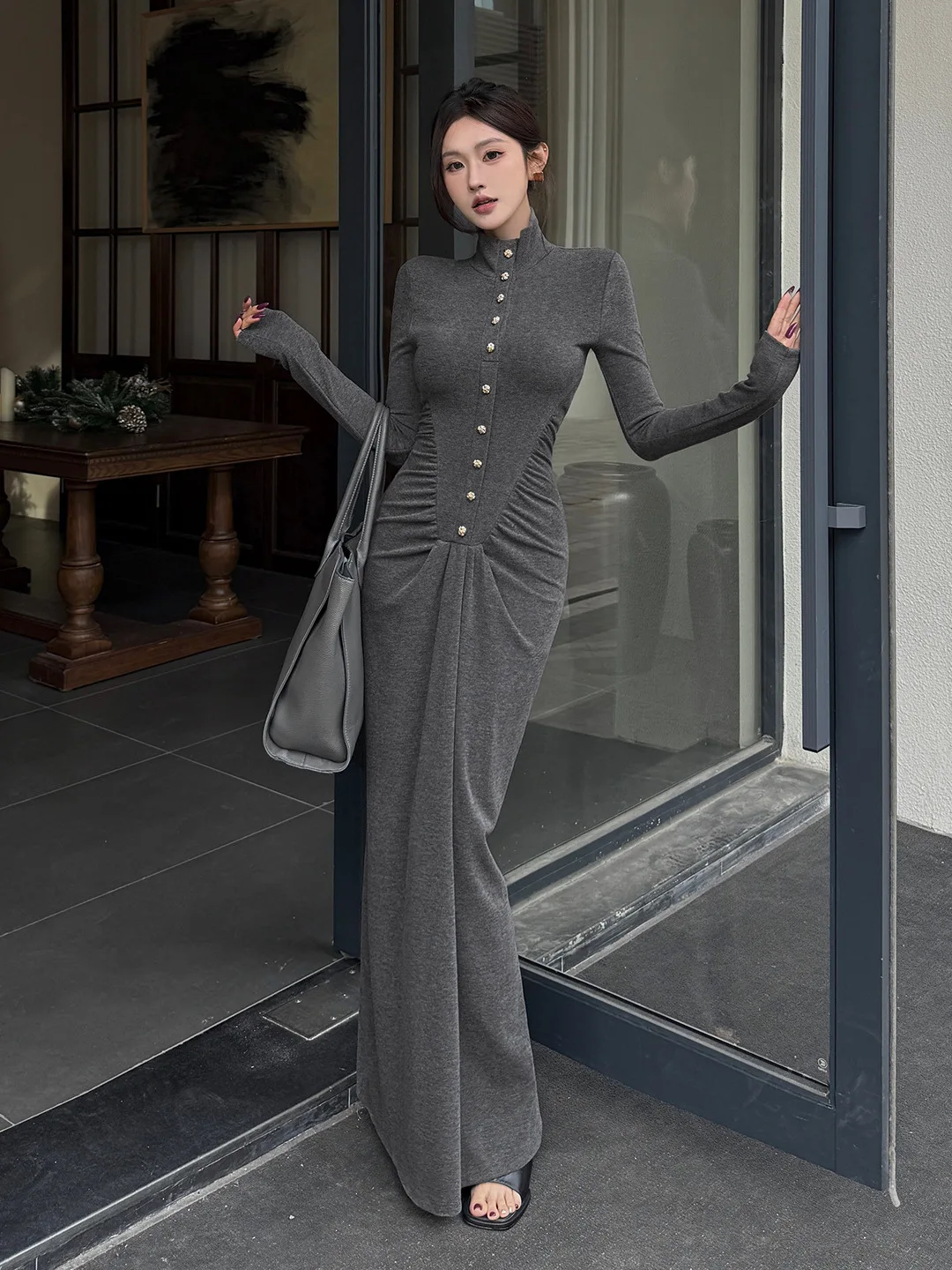 Nova primavera gola alta cinza vestido de malha para mulheres único breasted ruched bodycon quente midi vestido casual com casaco saia em camadas