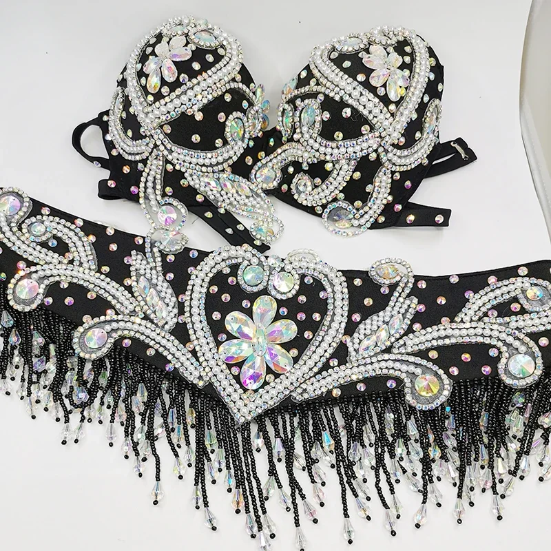 Hot Sale Beaded Crystal Belly Dance Costume Wear For Women Bra Belt Clothes Sexy Bellydance Carnival Bellydancing Costumes Set