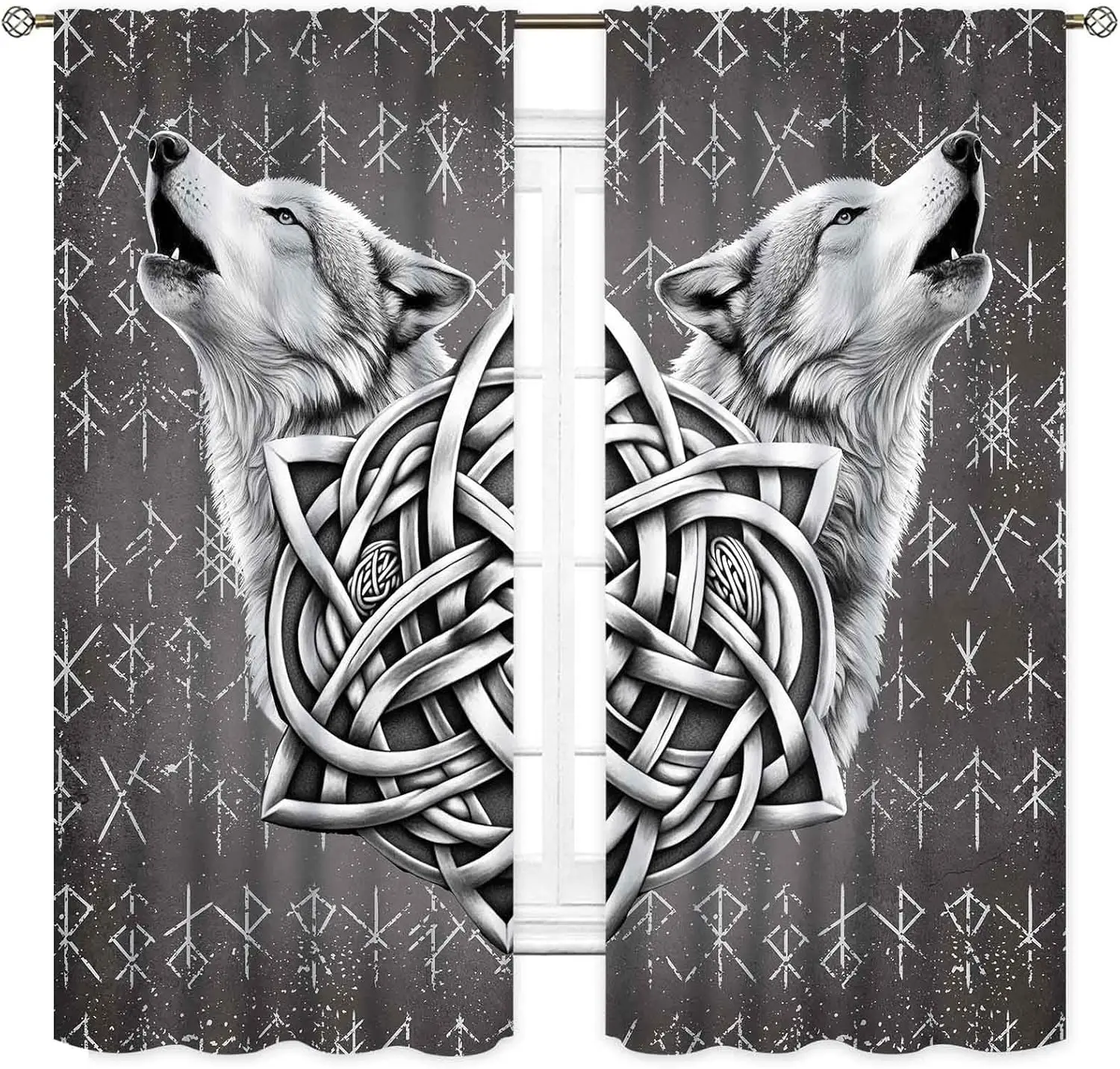 Viking Curtains, Gothic Nordic Wolf Celtic Rune Scandinavian Viking Runes Norse Mythology Aesthetic Retro Drapery for Bedroom