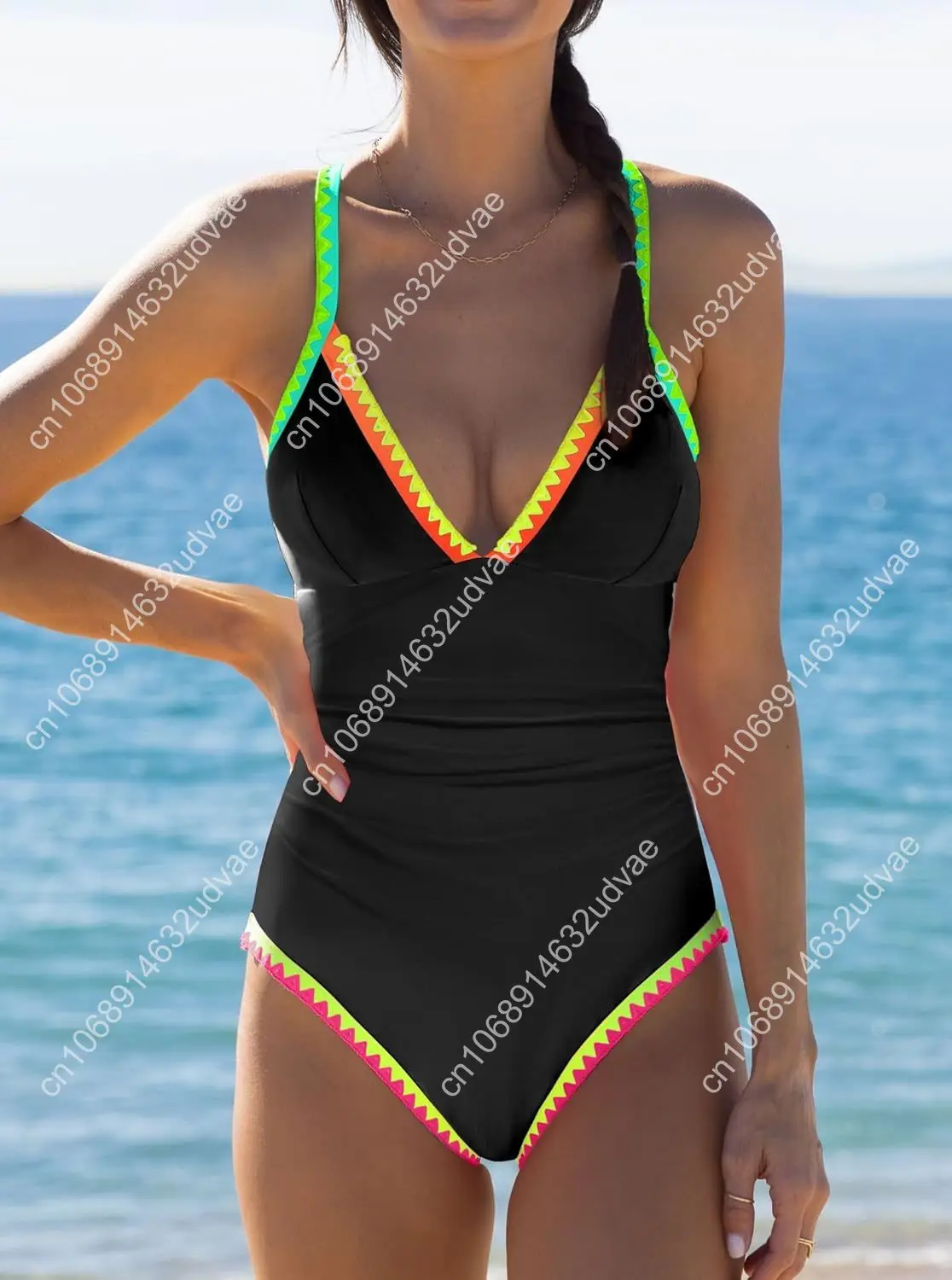 Popvil néon couleur bloc une pièce maillot de bain pour femmes ventre contrôle col en V maillot de bain plongeant coquille garniture maillots de bain cravate dos