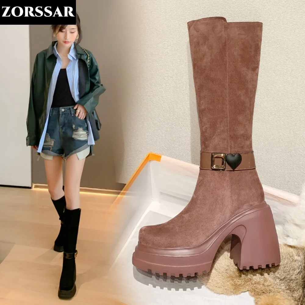 

Luxury Brand Women Suede Boots Fashion Knee High Boots Chunky Heels Winter Shoes Classic Modern Boots Female Thigh-high Boots