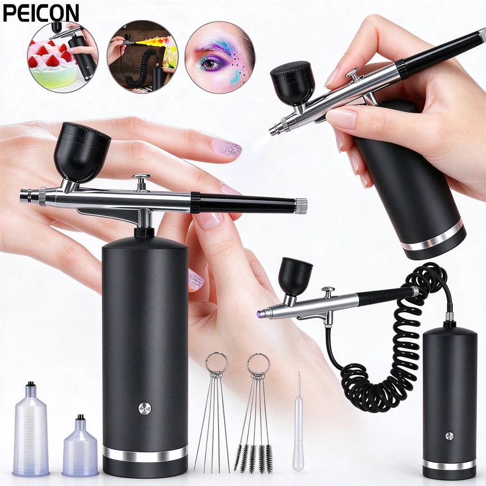 Airbrush Kit with Compressor Rechargeable Air Brush Spray Gun Set for Nail Art Cake Decorating Model Painting Portable Spray Gun