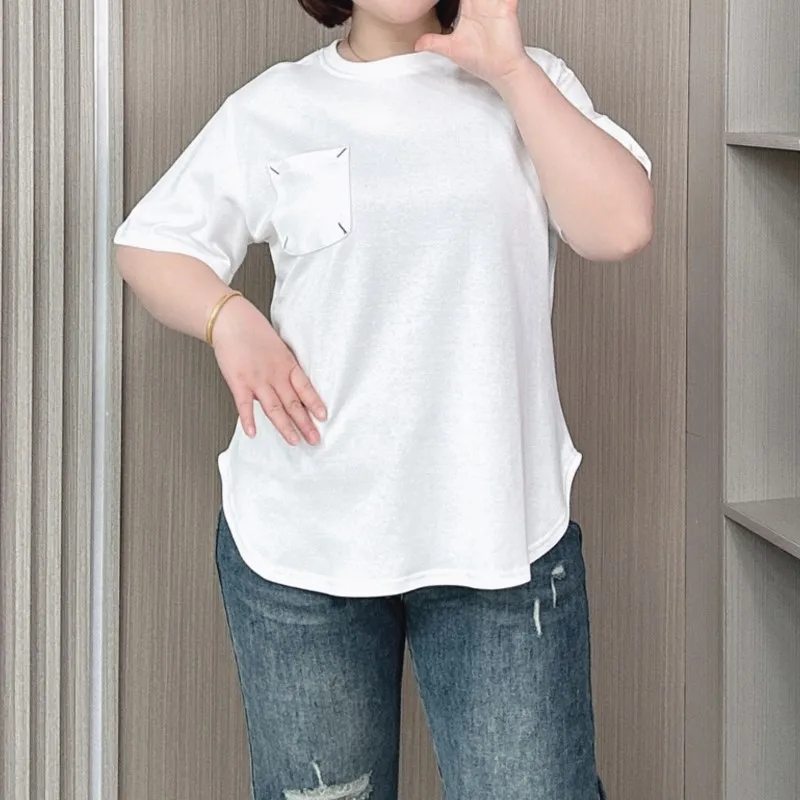 Summer Casual Curved Top Women 2024 New Plus Size Loose Pocket Embroidery Short Sleeve Cotton T-shirt