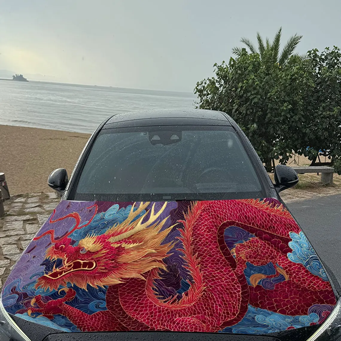 Stiker Pembungkus Kap Mobil PVC Naga Cina Artistik, Stiker Dekal Kap Mobil Tahan Air Perekat Sendiri, Stiker Pelindung Dekorasi Mobil