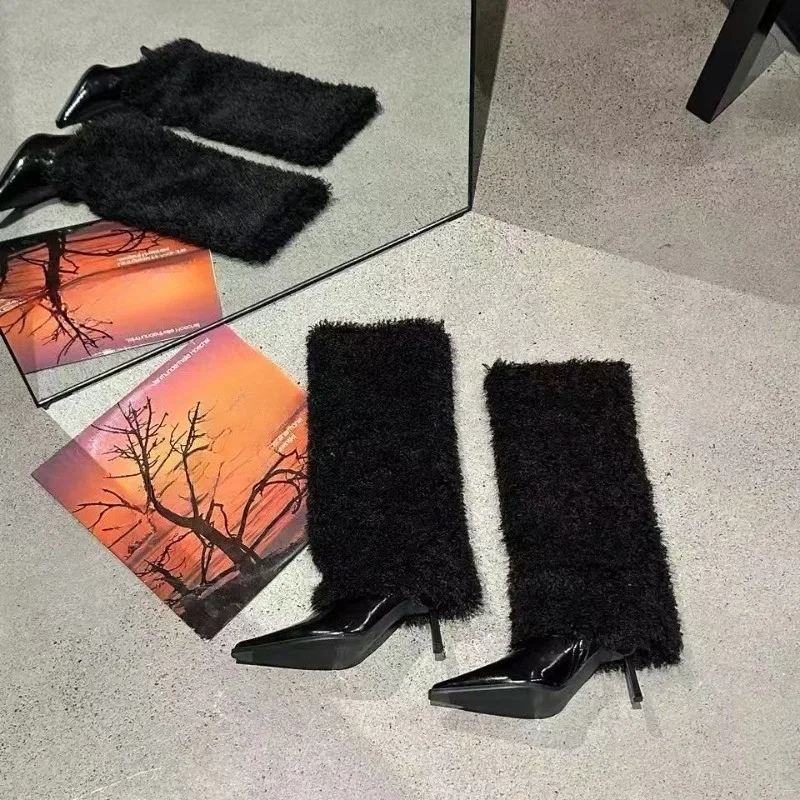 Elegant Pointed Toe Women High Heels Long Boots Designer Classical Suede Shoes 2025 Winter New Brand Pumps Cozy Knee Boots Mujer