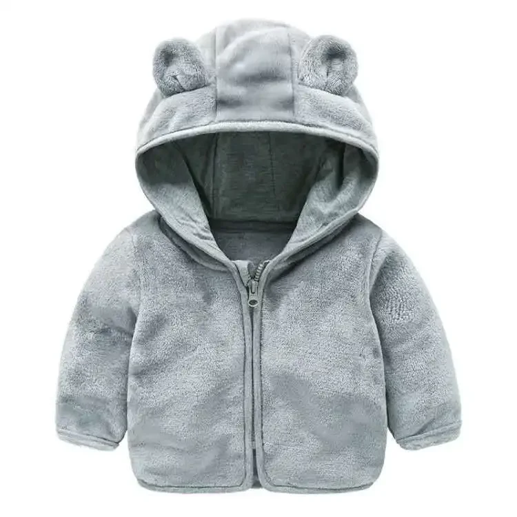 New Winter Baby Girls Coat Furry Warm Zipper Trench Coat Thick and Fluffy Bear Ears Hooded Solid Color Coat Top (0-4 Years)