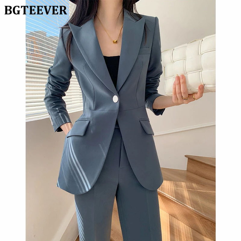 BGTEEVER 세련된 루즈핏 여성 바지 정장 긴 소매 싱글 버튼 블레이저 & 플레어 정장 바지 여성 2피스 세트