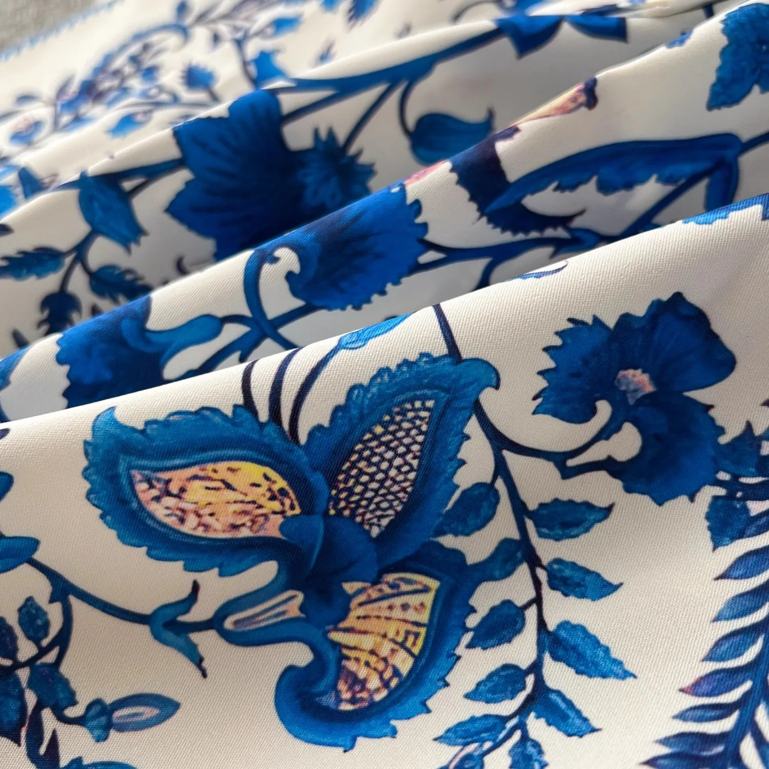 Spring Summer Runway Blue Flower Print Shirt Dress Women's Turn Down Neck Long Sleeve Single Breasted Lace Up Midi Vestidos