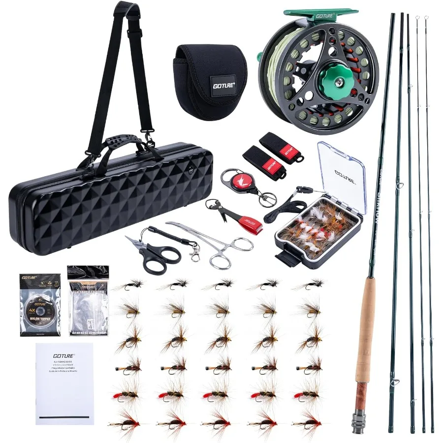 

Complete 9FT 4Piece Fly Fishing Rod and Reel Combo with PreSpooled Reel Fly Line Flies Leader Tippet Forceps Nipper Gear Case a