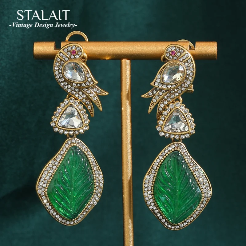 

Vintage Green Stone Statement Earrings Tree Leaf Luxury Crystal Rhinestones Bird Designer Dangle For Woman Antique Jewelry