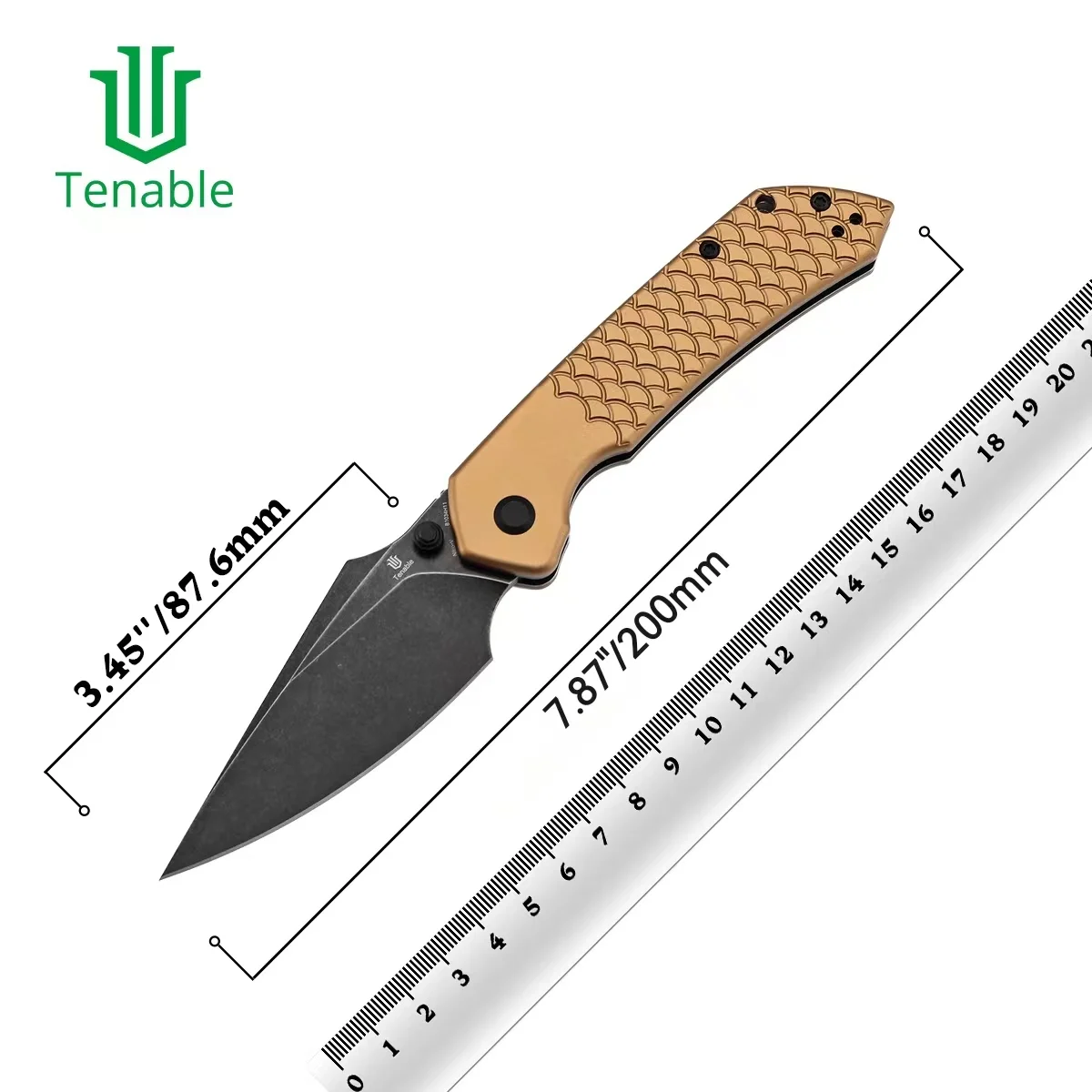 Couteaux pliants Tenable T1034H, lame Fenrir Damas/Nitro-V avec PEI/aluminium avec Texture écailles de poisson, poignée de poche Camping EDC