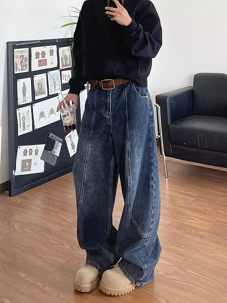 

Мужские зимние джинсы свободного кроя в стиле ретро, синие, с прямым кроем, с элементами пэчворка, модель «Knife»