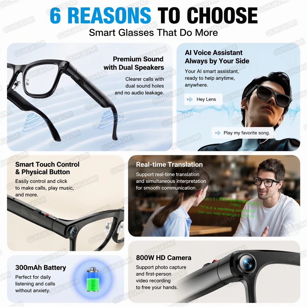 New 8MP Camera Glasses 4K EIS Anti Shake Video Music Bluetooth Call AI Translation Bone Conduction Men Smart Glasses For Android