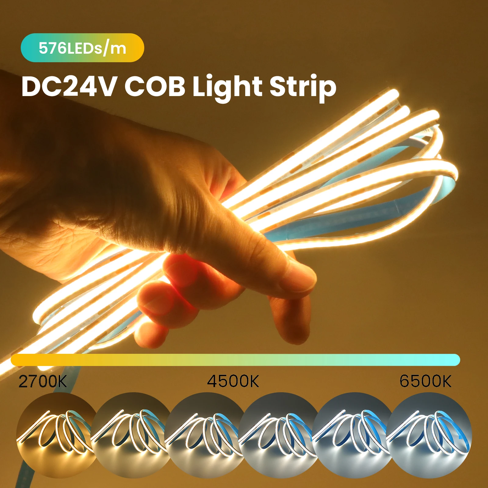 

CCT COB LED Strip DC 24V Flexible LED Tape Ribbon 2700-6500K 576LEDs/M High Density Linear Light with Adhesive 0.5-10M
