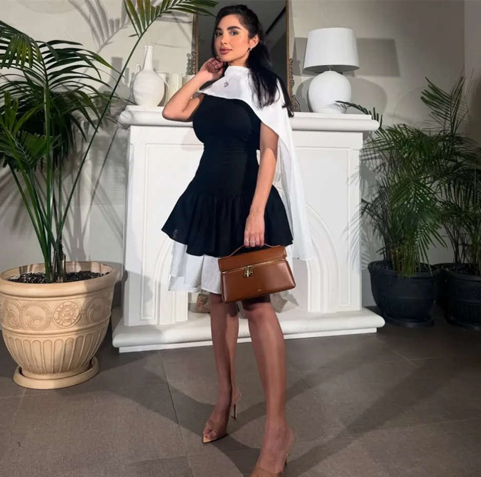 Op maat gemaakte korte zwart-witte avondjurken met ruches A-lijn spaghetti crêpe فسات Mohamed mioة knielengte galajurk voor dames